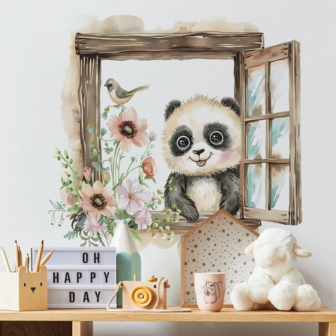 Creative Panda Faux Window Wall Sticker PVC Watercolor Floral Animal Removable Decal For Kids Room Bedroom Home Decor