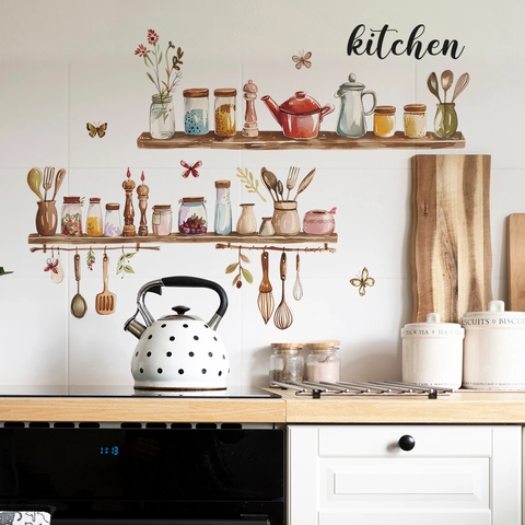 Watercolor Kitchen Utensils And Glass Jars Wall Stickers PVC Self Adhesive Kitchen Decor Decals For Dining Room Home Decoration