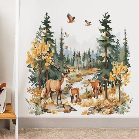 Aquarel Bos Hert Muurstickers Voor Kinderkamer Kwekerij Bosdier Boom Vos Vogels PVC Verwijderbare Home Decor Muurstickers