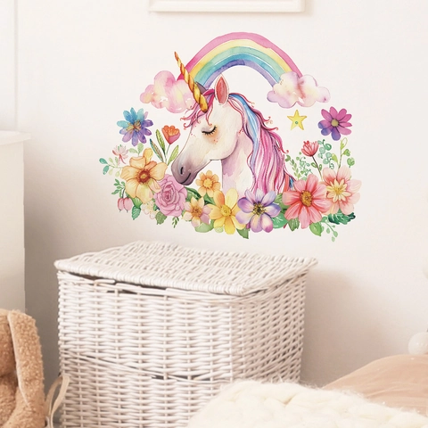 Adesivi Murali Unicorno Fiore Arcobaleno Acquerello Per Camera Bambini Asilo Nido Arredamento PVC Removibile Sognante Fiaba Decalcomanie