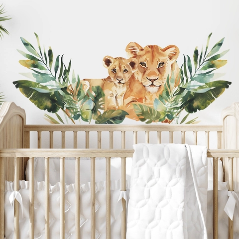 Aquarel Leeuw En Welp Muursticker Met Tropische Bladeren PVC Zelfklevende Decal Voor Kinderkamer Decoratie