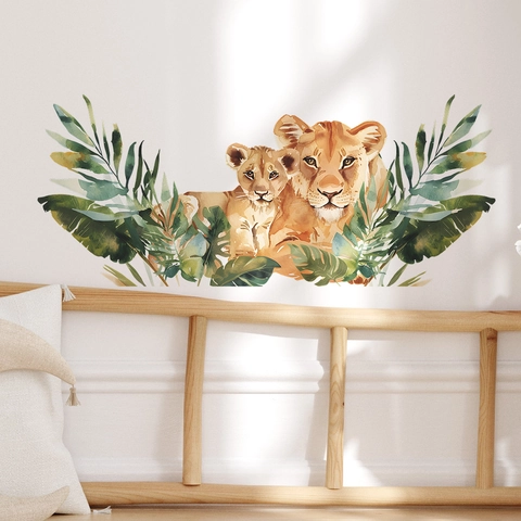 Aquarel Leeuw En Welp Muursticker Met Tropische Bladeren PVC Zelfklevende Decal Voor Kinderkamer Decoratie