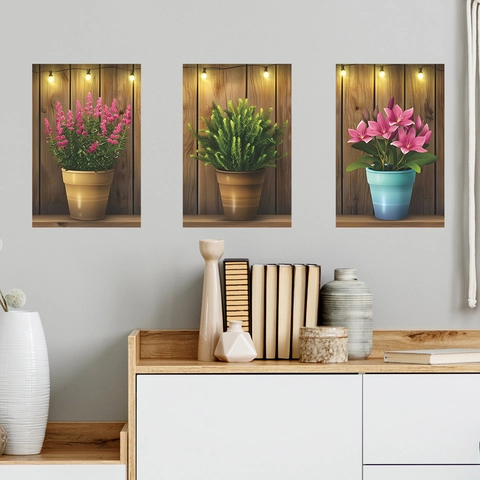 Adesivi Murali Impermeabili in PVC Moderno Design Trittico Piante in Vaso Fiori per Soggiorno Camera da Letto Decorazioni Casa