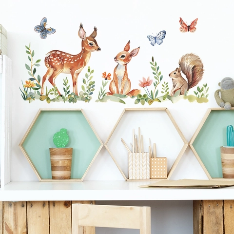 Watercolor Forest Animal Wall Stickers PVC Fawn Squirrel Butterfly Decorative Decals For Kids Nursery Bedroom Wall Decor