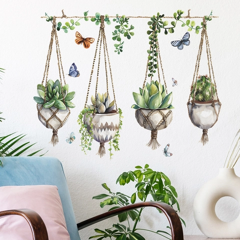 Pegatinas de Pared Nórdicas Acuarela Plantas Suculentas Cactus en Maceta Calcomanías de Pared de PVC Removibles para Sala de Estar Dormitorio