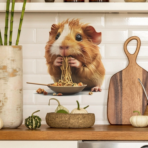 3D Guinea Pig Eating Noodles Kitchen Wall Sticker Cartoon Hamster PVC Waterproof Removable Animal Decal For Dining Room Decor