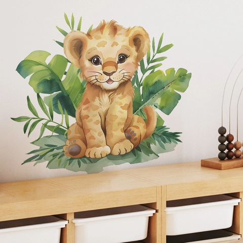 Acquerello Cartone Animato Cucciolo di Leone Adesivo da Parete PVC Foglie Tropicali Camera Bambini Decorazione Casa
