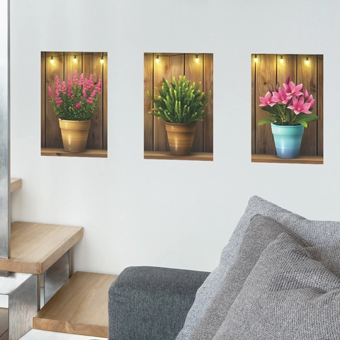 Adesivi Murali Impermeabili in PVC Moderno Design Trittico Piante in Vaso Fiori per Soggiorno Camera da Letto Decorazioni Casa