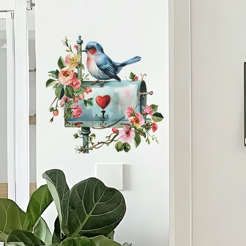 Adesivi Murali Cartone Animato Uccello Blu Cassetta Postale Vintage Rosa Fiore PVC Acquerello Decalcomanie da Parete per Camera da Letto