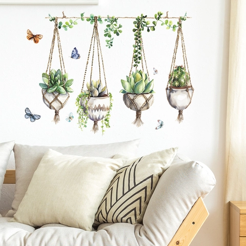 Pegatinas de Pared Nórdicas Acuarela Plantas Suculentas Cactus en Maceta Calcomanías de Pared de PVC Removibles para Sala de Estar Dormitorio