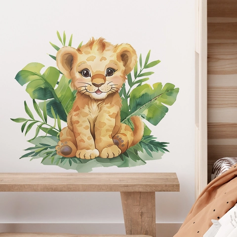 Acquerello Cartone Animato Cucciolo di Leone Adesivo da Parete PVC Foglie Tropicali Camera Bambini Decorazione Casa