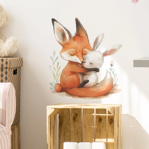 Pegatina de Pared Acuarela Dibujos Animados Zorro Conejo Impermeable PVC Calcomanías para Cuarto de Niños Decoración