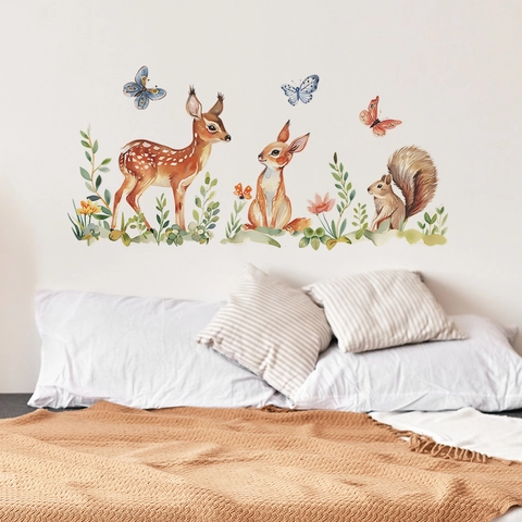 Watercolor Forest Animal Wall Stickers PVC Fawn Squirrel Butterfly Decorative Decals For Kids Nursery Bedroom Wall Decor