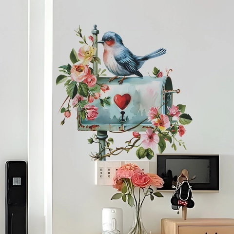 Adesivi Murali Cartone Animato Uccello Blu Cassetta Postale Vintage Rosa Fiore PVC Acquerello Decalcomanie da Parete per Camera da Letto
