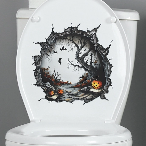 Pegatina de Inodoro 3D Halloween Diseño Pared Rota Calabaza Árbol Murciélago Impermeable PVC Decoración de Baño Mural