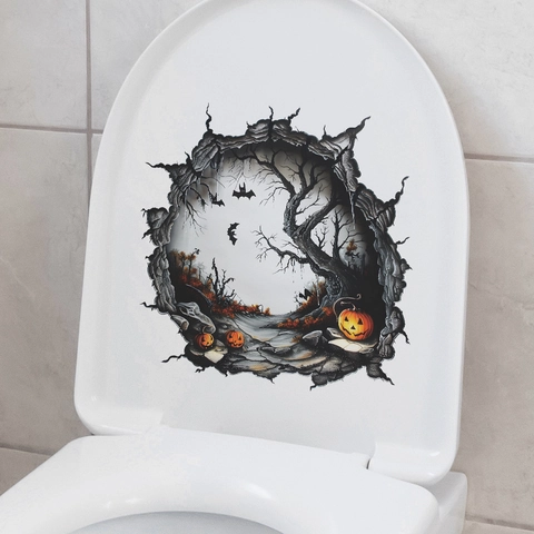 Pegatina de Inodoro 3D Halloween Diseño Pared Rota Calabaza Árbol Murciélago Impermeable PVC Decoración de Baño Mural
