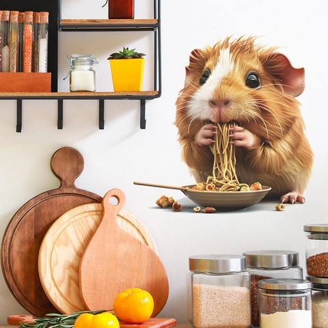 3D Guinea Pig Eating Noodles Kitchen Wall Sticker Cartoon Hamster PVC Waterproof Removable Animal Decal For Dining Room Decor