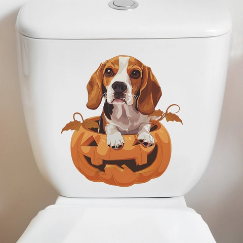 Pegatina de Inodoro de Halloween Perro Beagle en Calabaza PVC Impermeable Calcomanía de Decoración de Baño Para Hogar