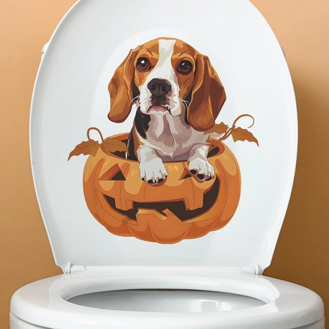 Pegatina de Inodoro de Halloween Perro Beagle en Calabaza PVC Impermeable Calcomanía de Decoración de Baño Para Hogar