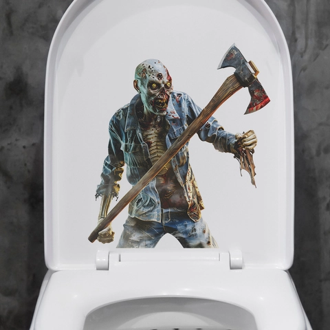 Pegatina de Inodoro de PVC Zombi 3D de Terror de Halloween con Hacha Decoración de Baño Aterradora Calcomanía Para Fiesta