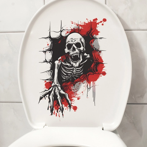 Adhesivo de Inodoro 3D de Esqueleto de Halloween de PVC Extraíble Calcomanía de Pared de Calavera para Decoración de Baño