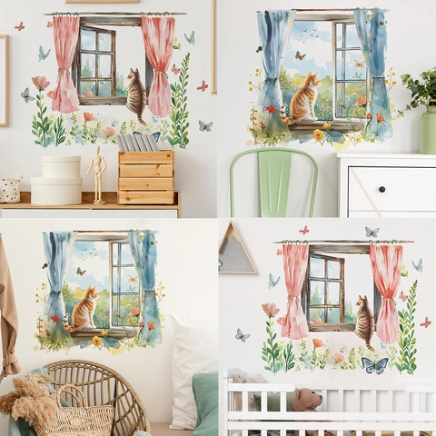 Watercolor 3D Fake Window Cat Wall Stickers Floral Butterfly PVC Decals For Kids Room Bedroom Living Room Home Decoration