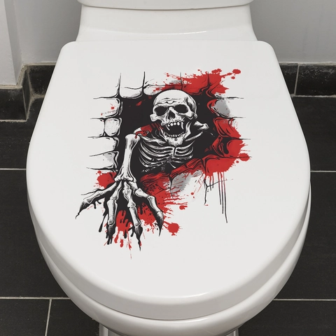 Adhesivo de Inodoro 3D de Esqueleto de Halloween de PVC Extraíble Calcomanía de Pared de Calavera para Decoración de Baño