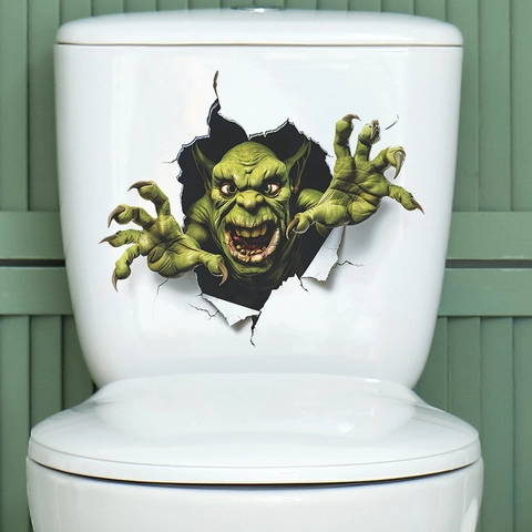 Halloween 3D Groen Monster Toilet Sticker PVC Horror Goblin Doorbraak Sticker Voor Badkamer Decor Afneembare Muurkunst