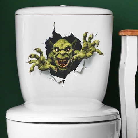Halloween 3D Groen Monster Toilet Sticker PVC Horror Goblin Doorbraak Sticker Voor Badkamer Decor Afneembare Muurkunst