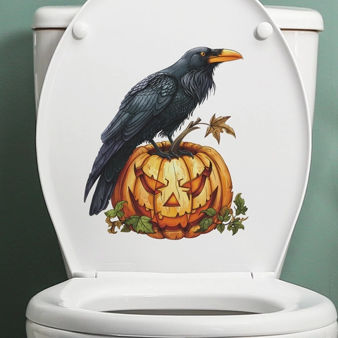 Adesivo per Sedile del Gabinetto Halloween Corvo su Zucca Decalcomania in PVC Rimovibile Decorazione Festiva per il Bagno
