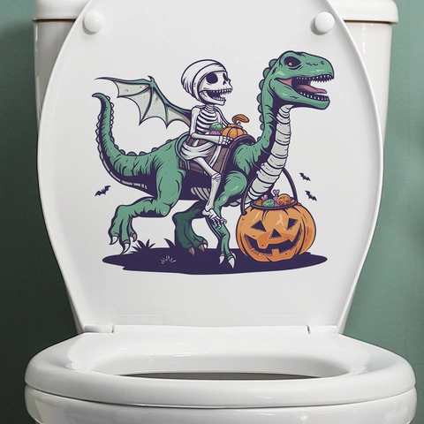 Αυτοκόλλητο Τουαλέτας Halloween Κινούμενα Σχέδια Δεινόσαυρος Σκελετός Με Κολοκύθα Αδιάβροχο PVC Διακόσμηση Μπάνιου