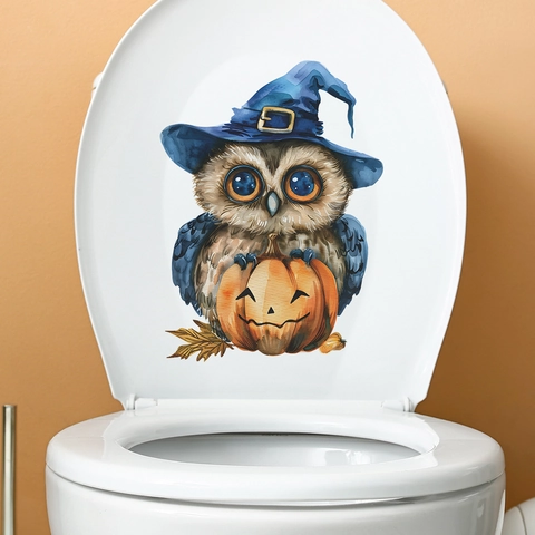 Halloween Owl Witch Hat Pumpkin Toilet Sticker PVC Watercolor Cartoon Decal For Bathroom Holiday Home Decoration