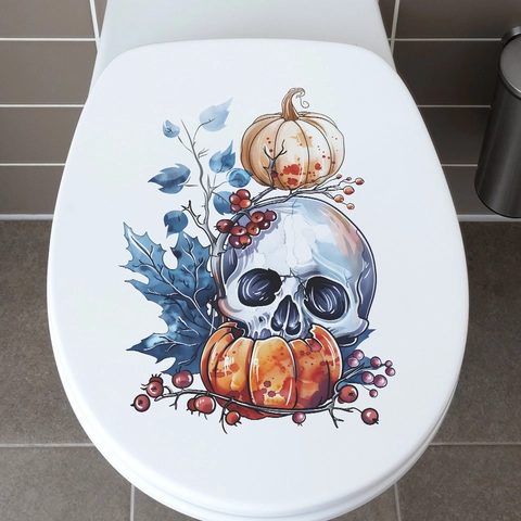 Pegatina de Tapa de Inodoro de Halloween Calavera Calabaza Acuarela PVC Gótico Impermeable Calcomanía de Baño Decoración