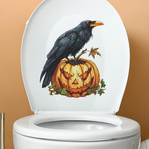 Adesivo per Sedile del Gabinetto Halloween Corvo su Zucca Decalcomania in PVC Rimovibile Decorazione Festiva per il Bagno