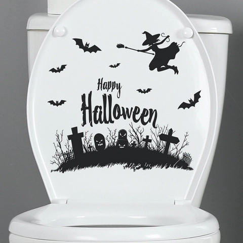 Halloween Witch Bat Tombstone Toilet Sticker PVC Waterproof Bathroom Wall Decal Spooky Party Decoration Removable Sticker