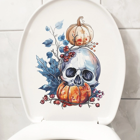 Pegatina de Tapa de Inodoro de Halloween Calavera Calabaza Acuarela PVC Gótico Impermeable Calcomanía de Baño Decoración