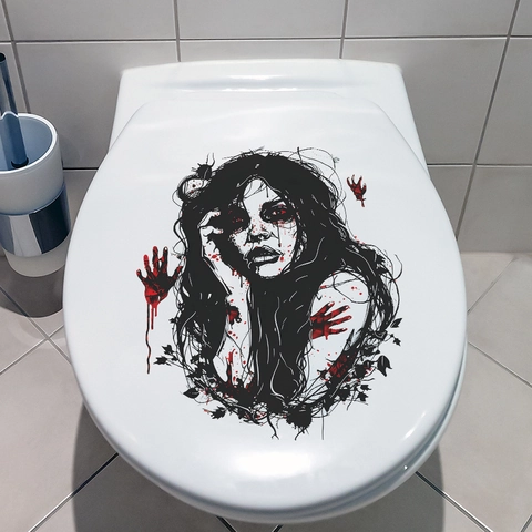 Halloween Horror Geest Vrouw Bloederige Handafdruk Toiletbril Sticker PVC Waterdicht Badkamer Decoratie Muursticker Party