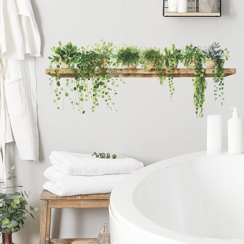 Piante Verdi in Vaso su Scaffale in Legno Adesivo da Parete PVC Impermeabile Fai da Te Rimovibile Decorazione per Soggiorno