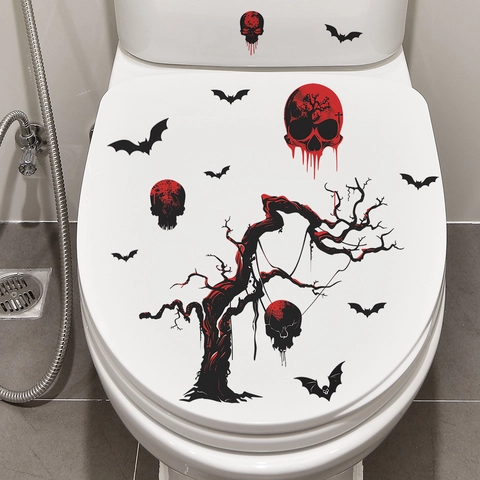 Halloween Toilet Sticker Horror Bleeding Skull Dead Tree Bat Pattern Waterproof PVC Decal For Bathroom Party Decoration