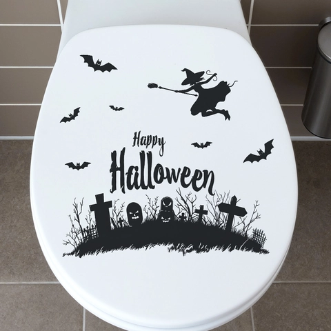 Halloween Witch Bat Tombstone Toilet Sticker PVC Waterproof Bathroom Wall Decal Spooky Party Decoration Removable Sticker