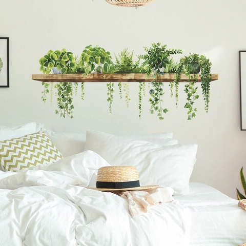 Realistische Grünpflanzen Auf Holzregal PVC Wandtattoo Für Wohnzimmer Schlafzimmer Küche Abnehmbarer Wasserdichter Wandaufkleber