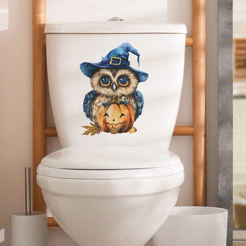 Halloween Owl Witch Hat Pumpkin Toilet Sticker PVC Watercolor Cartoon Decal For Bathroom Holiday Home Decoration