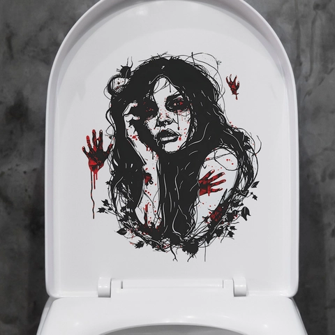 Halloween Horror Geest Vrouw Bloederige Handafdruk Toiletbril Sticker PVC Waterdicht Badkamer Decoratie Muursticker Party