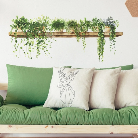 Piante Verdi in Vaso su Scaffale in Legno Adesivo da Parete PVC Impermeabile Fai da Te Rimovibile Decorazione per Soggiorno