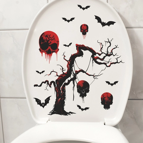 Halloween Toilet Sticker Horror Bleeding Skull Dead Tree Bat Pattern Waterproof PVC Decal For Bathroom Party Decoration