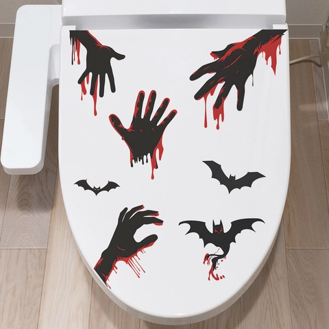 Halloween Horror Bloody Handprint And Bats Toilet Sticker PVC Waterproof Bathroom Wall Decal For Party Decoration