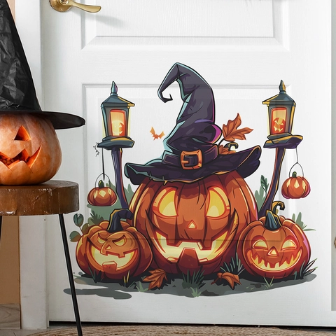 Halloween Kürbis Laterne Wandtattoo Mit Hexenhut Fledermaus Abnehmbare PVC Aufkleber Für Wohnzimmer Schlafzimmer Party Home Dekor
