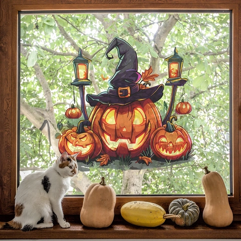 Halloween Kürbis Laterne Wandtattoo Mit Hexenhut Fledermaus Abnehmbare PVC Aufkleber Für Wohnzimmer Schlafzimmer Party Home Dekor