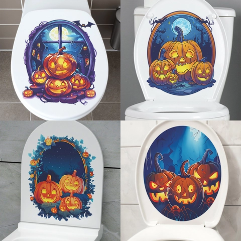 Halloween Pumpkin Toilet Lid Sticker Waterproof PVC Decal Festive Jack-O'-Lantern Bat Moon Pattern For Bathroom Toilet Decor