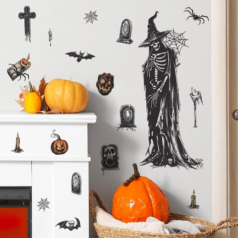 Halloween Wandaufkleber PVC Abnehmbare Aufkleber Gotische Hexe Fledermaus Grabstein Kürbis Muster Für Wohnzimmer Schlafzimmer Festliche Party Heimdeko